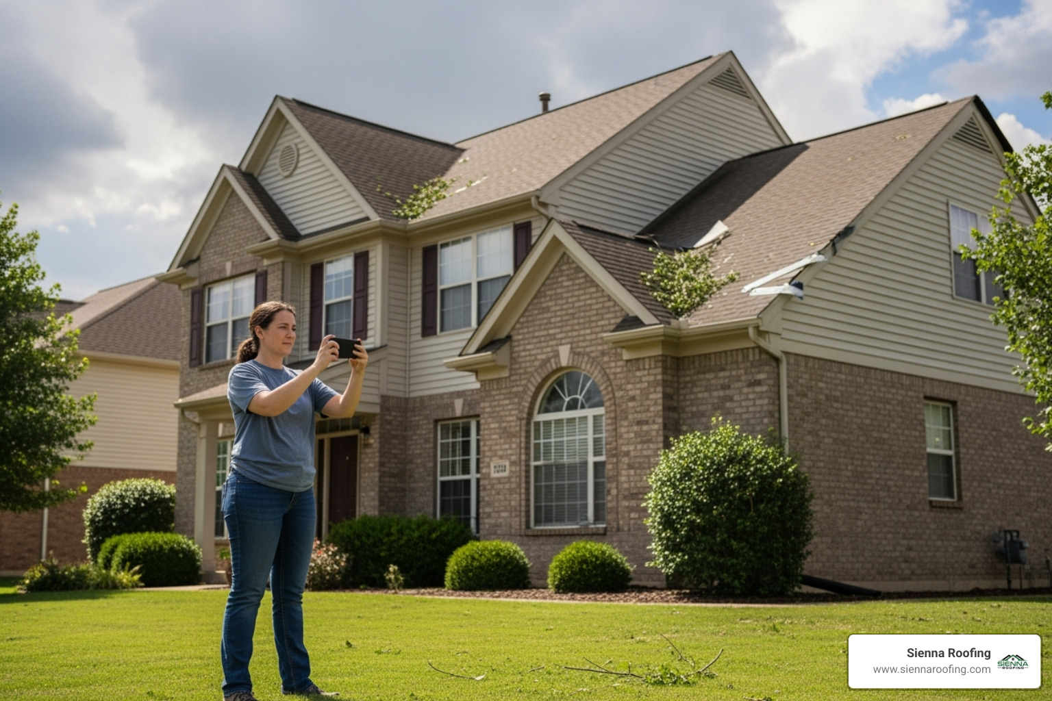 A homeowner safely taking photos of roof damage from the ground - storm damage experts A homeowner safely taking photos of roof damage from the ground - storm damage experts