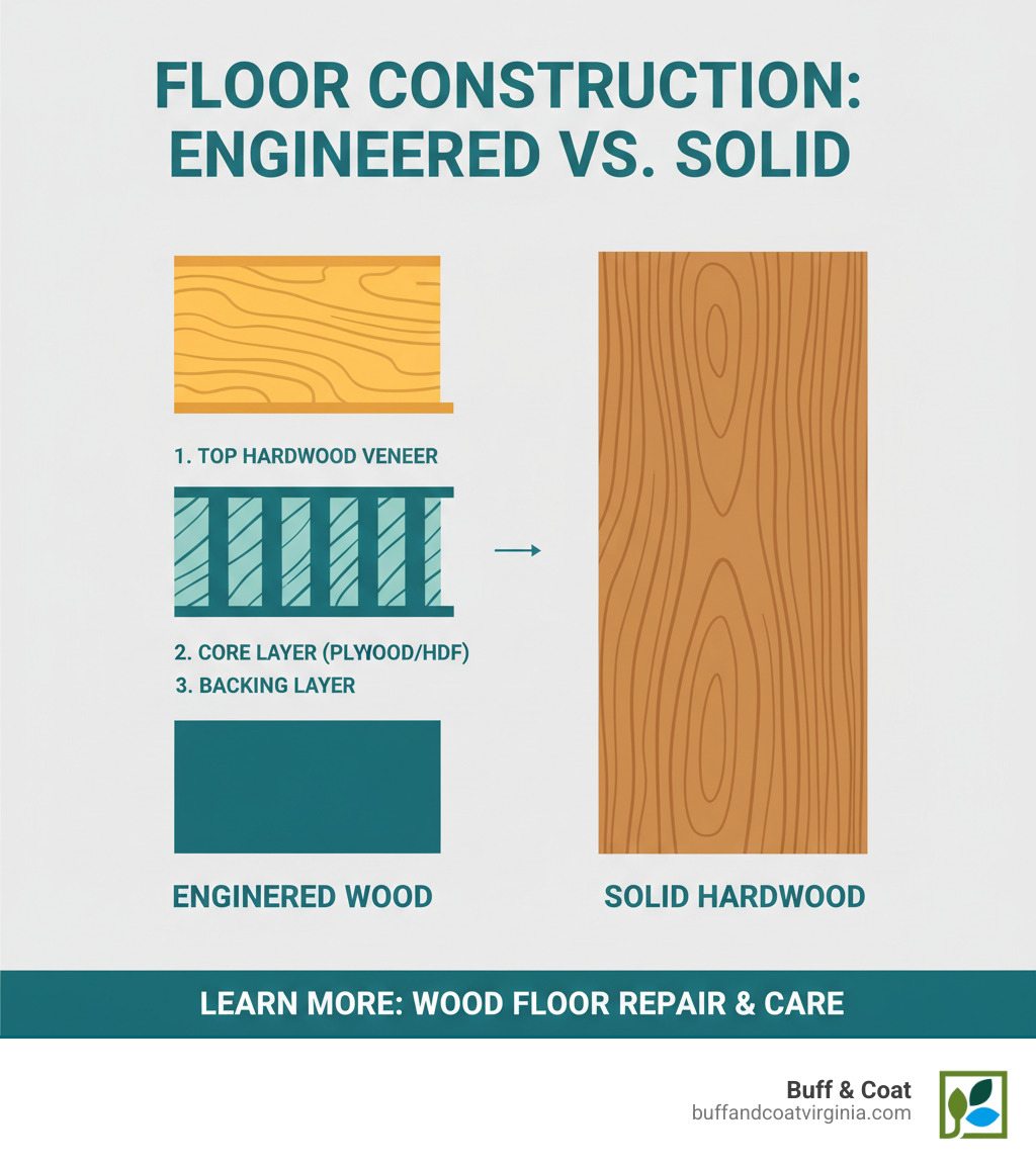 infographic showing engineered wood floor construction with three layers labeled - top hardwood veneer layer in natural wood grain, middle plywood or HDF core layer shown in cross-section, and bottom backing layer, compared side-by-side with solid hardwood shown as single thick piece - how to repair damaged engineered wood floors infographic infographic showing engineered wood floor construction with three layers labeled - top hardwood veneer layer in natural wood grain, middle plywood or HDF core layer shown in cross-section, and bottom backing layer, compared side-by-side with solid hardwood shown as single thick piece - how to repair damaged engineered wood floors infographic