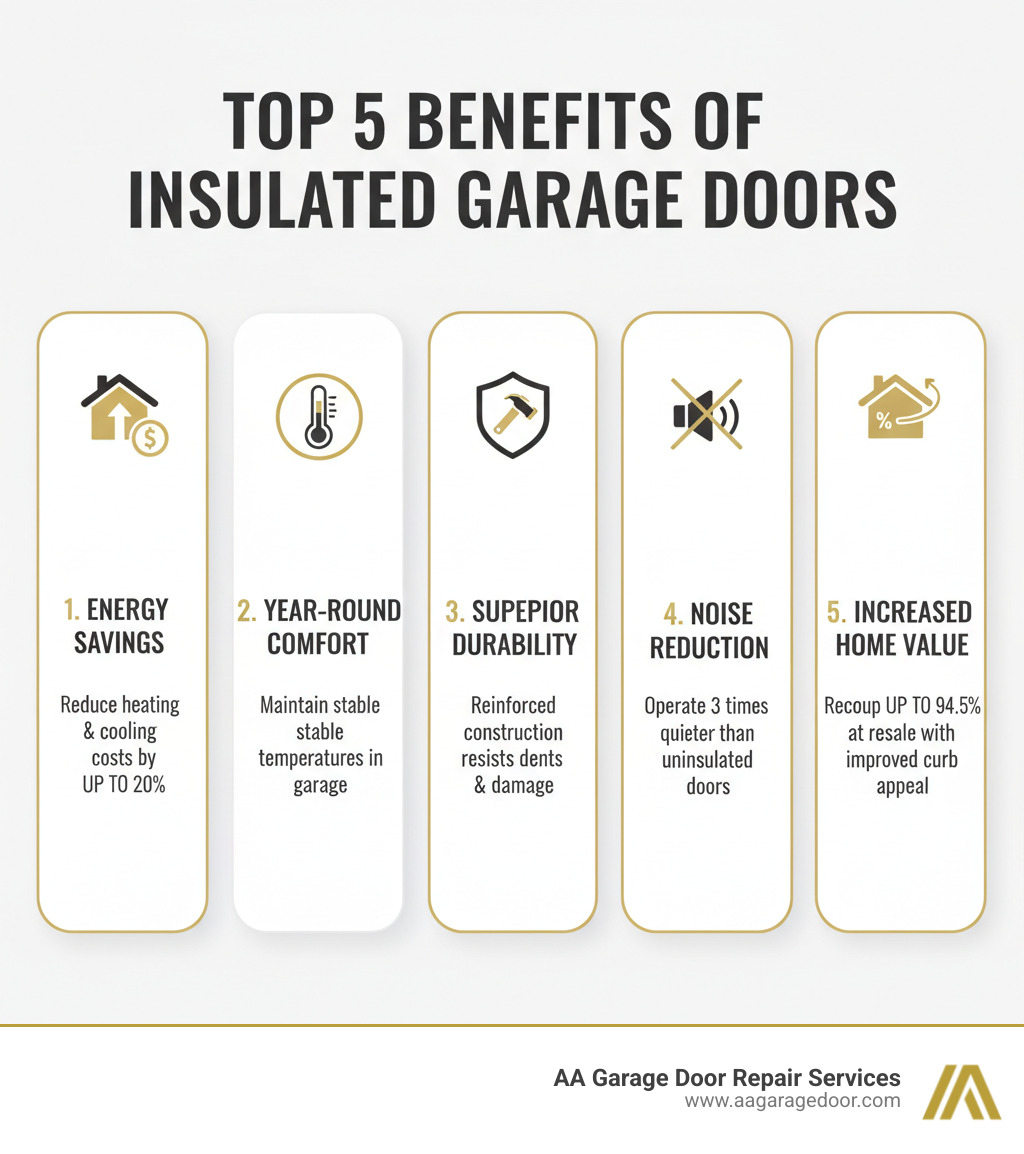 infographic showing the top 5 benefits of insulated garage doors: 1. Energy Savings - reduce heating and cooling costs by up to 20%, 2. Year-Round Comfort - maintain stable temperatures in garage, 3. Superior Durability - reinforced construction resists dents and damage, 4. Noise Reduction - operate 3 times quieter than uninsulated doors, 5. Increased Home Value - recoup up to 94.5% at resale with improved curb appeal - insulated garage doors infographic 