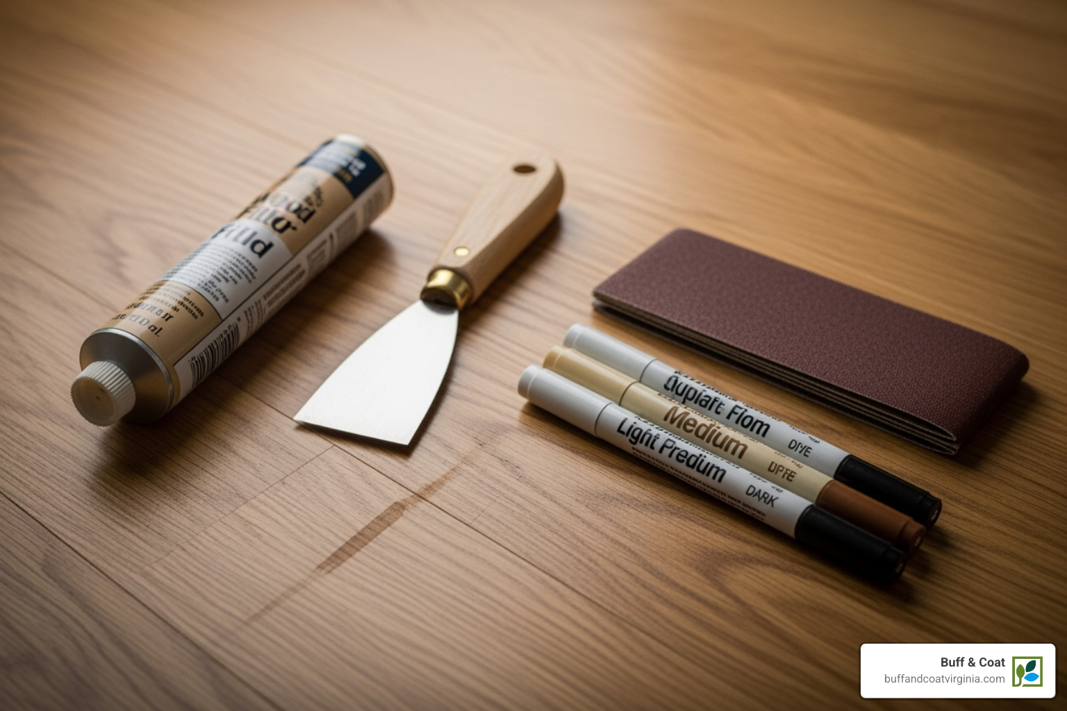 DIY toolkit for floor repair, including wood filler, putty knife, sandpaper, and touch-up markers - how to repair damaged engineered wood floors DIY toolkit for floor repair, including wood filler, putty knife, sandpaper, and touch-up markers - how to repair damaged engineered wood floors