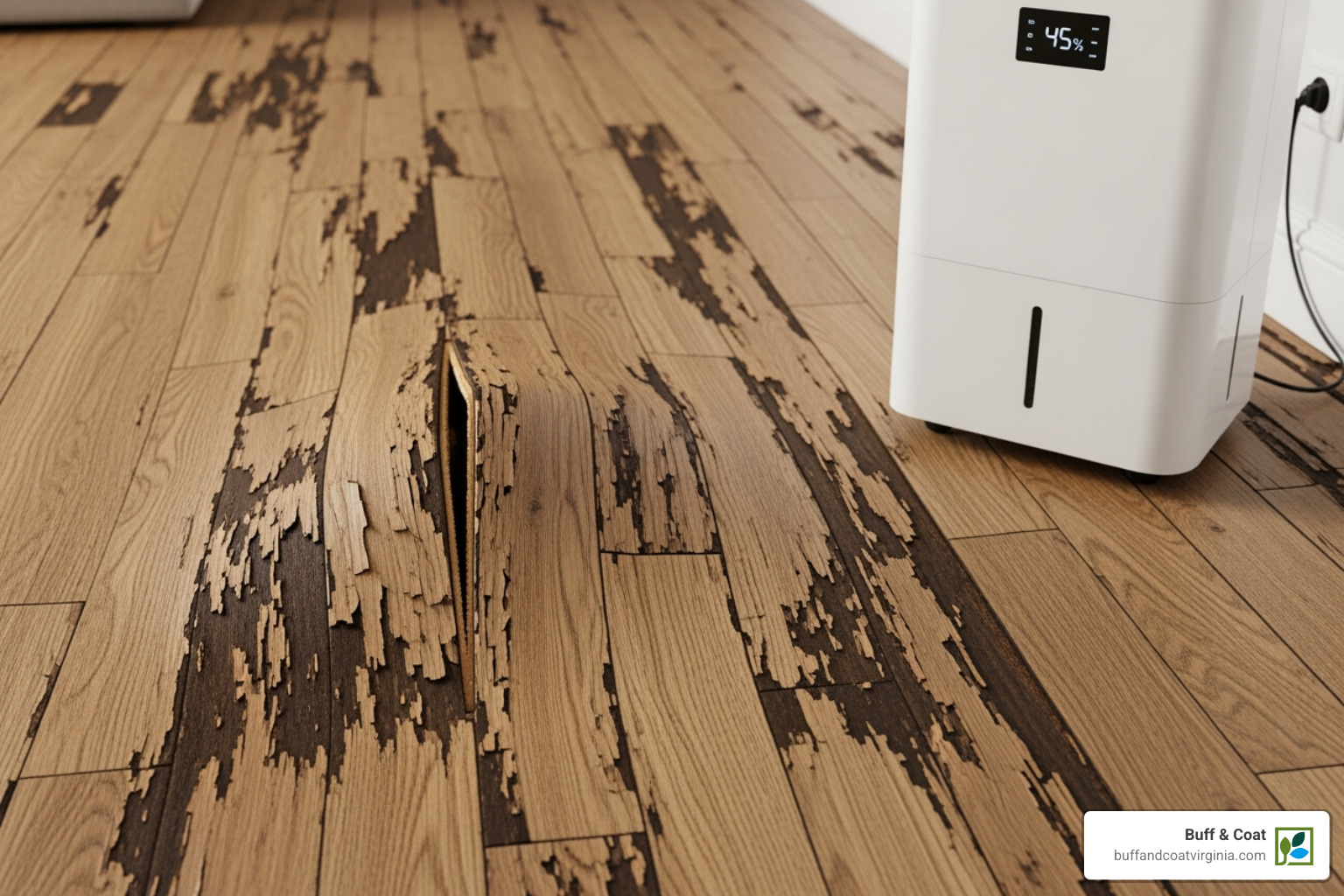 warped, water-damaged floor section next to a dehumidifier - how to repair damaged engineered wood floors warped, water-damaged floor section next to a dehumidifier - how to repair damaged engineered wood floors