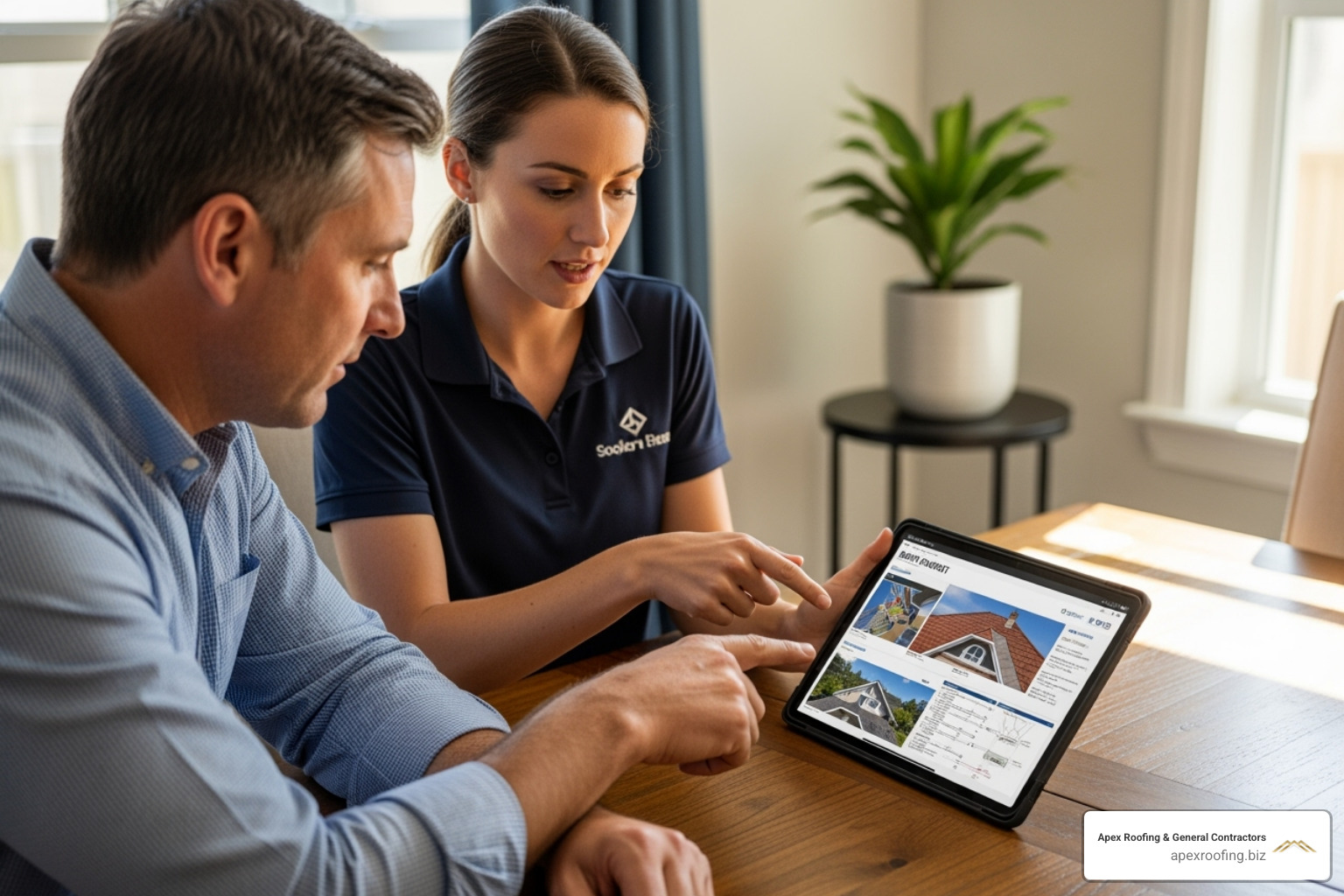 a homeowner reviewing a detailed roof inspection report on a tablet with an inspector - local roof inspector