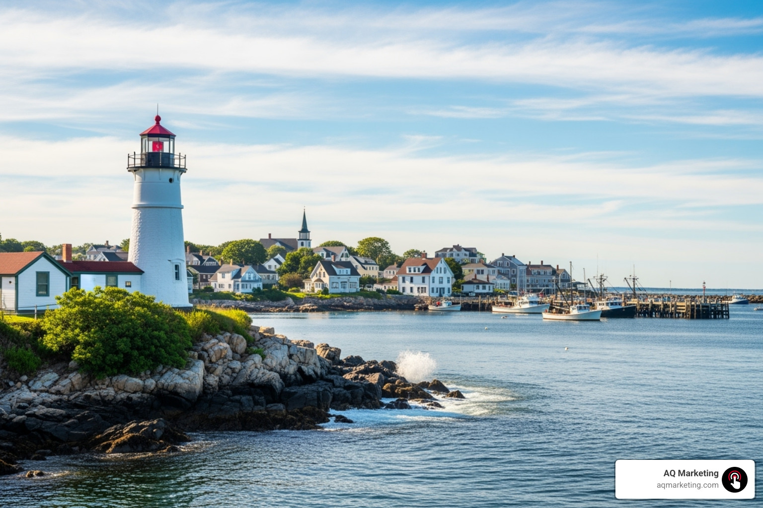 A serene image of the North Shore, MA coastline, featuring a lighthouse and a quaint New England town in the background. The scene is bright and inviting, evoking a sense of local charm and community. - web design ipswich