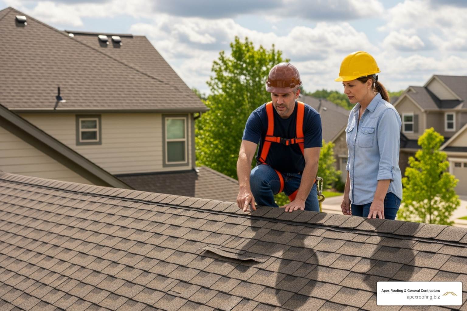 an inspector on a roof pointing out a damaged shingle to a homeowner - local roof inspector