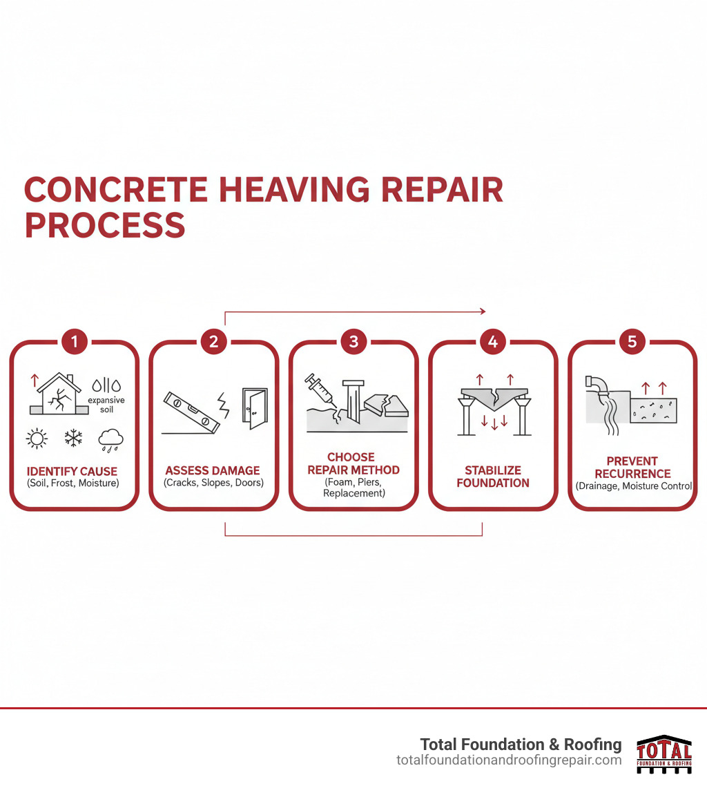 Infographic showing the concrete heaving repair process: 1) Identify cause (expansive soil, frost, moisture), 2) Assess damage extent (cracks, floor slopes, door issues), 3) Choose repair method (foam injection, piers, or replacement), 4) Stabilize foundation, 5) Prevent recurrence through drainage and moisture control - concrete heaving repair infographic 