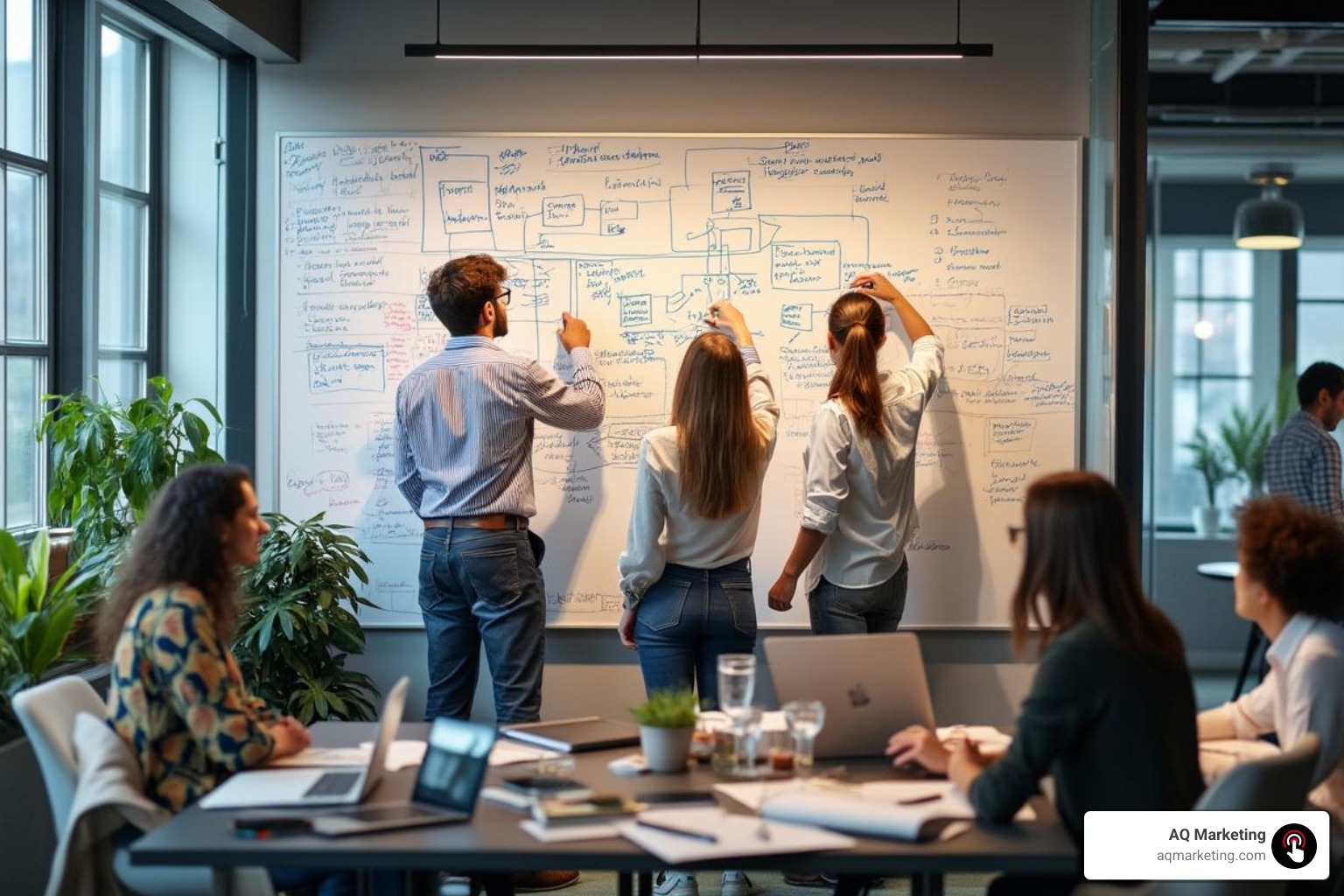 A team of web designers and strategists collaborating around a whiteboard, sketching wireframes and user flows for a new website. The whiteboard has "Ipswich Web Design" written at the top, with ideas for local businesses. - web design ipswich
