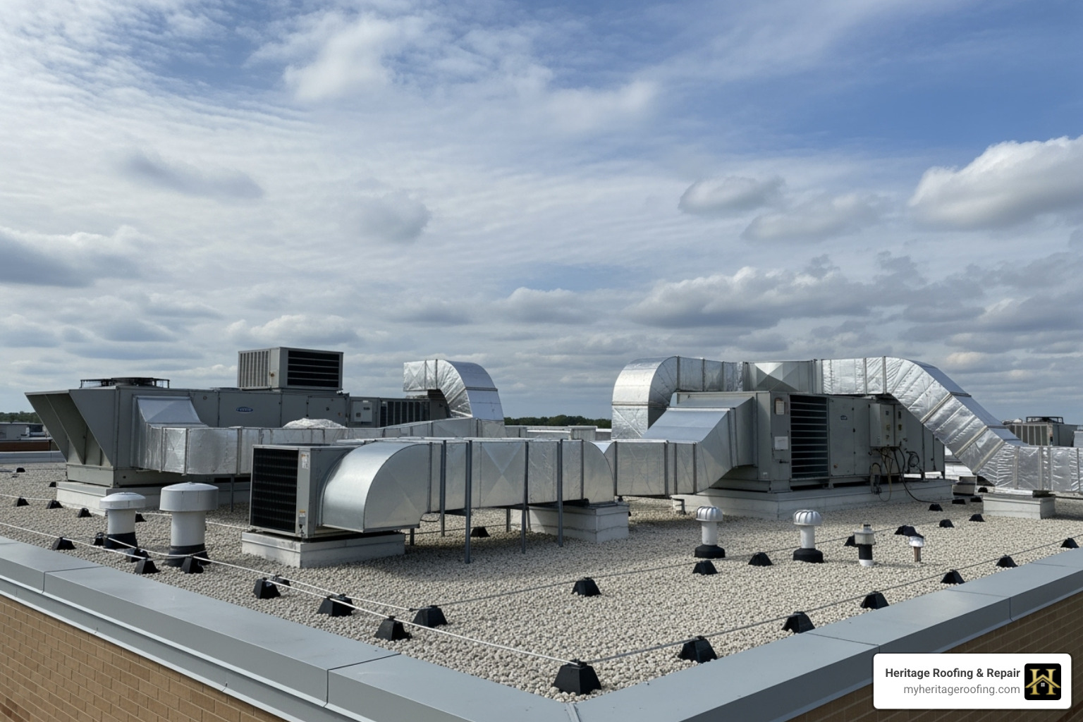 A low-slope commercial roof with HVAC units - roof maintenance plans