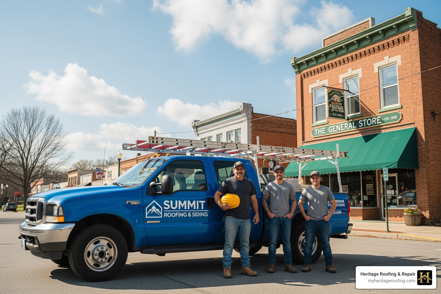 Heritage Roofing & Repair team or a branded truck in front of a local landmark - roof maintenance plans