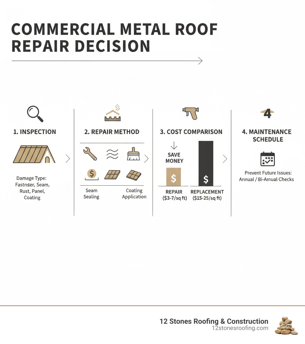 Infographic showing the commercial metal roof repair decision process: inspection reveals damage type, which determines repair method (fastener replacement, seam sealing, rust treatment, panel replacement, or coating application), followed by cost comparison between repair ($3-7 per sq ft) versus replacement ($15-25 per sq ft), and ending with maintenance schedule to prevent future issues - commercial metal roof repair infographic 