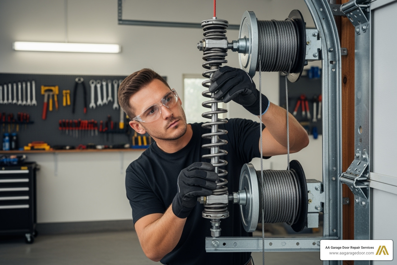Professional technician inspecting garage door springs and components - replace garage spring
