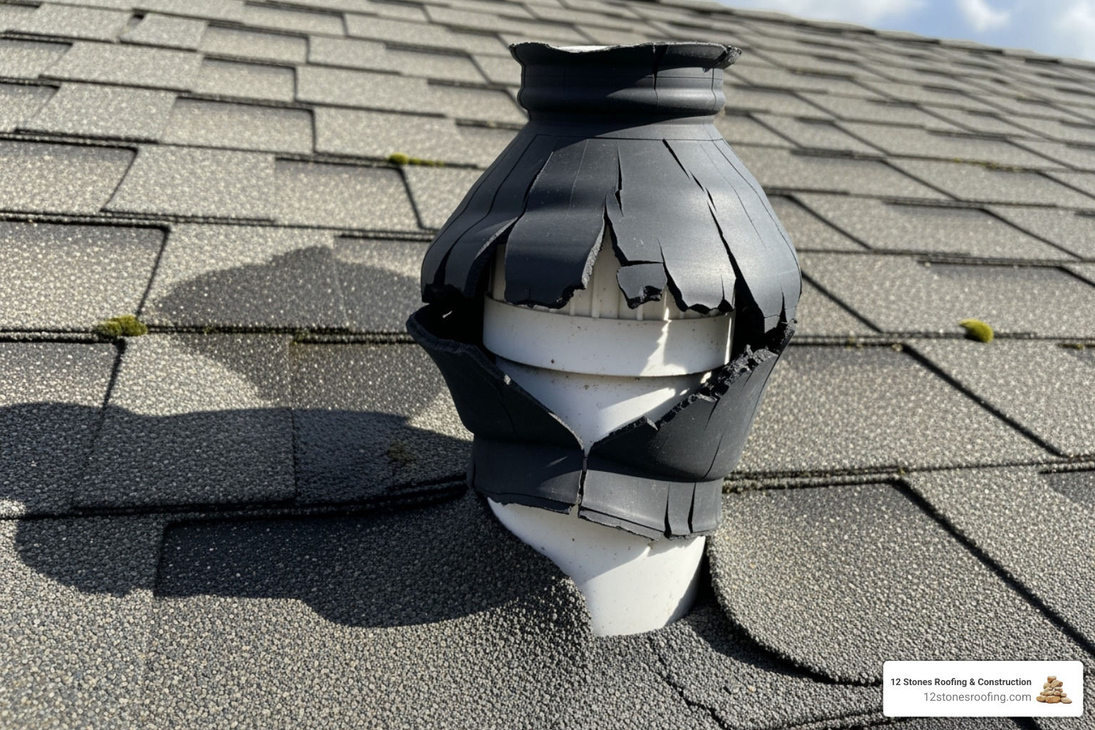 cracked rubber boot around a plumbing vent - Roof repair for leaks cracked rubber boot around a plumbing vent - Roof repair for leaks