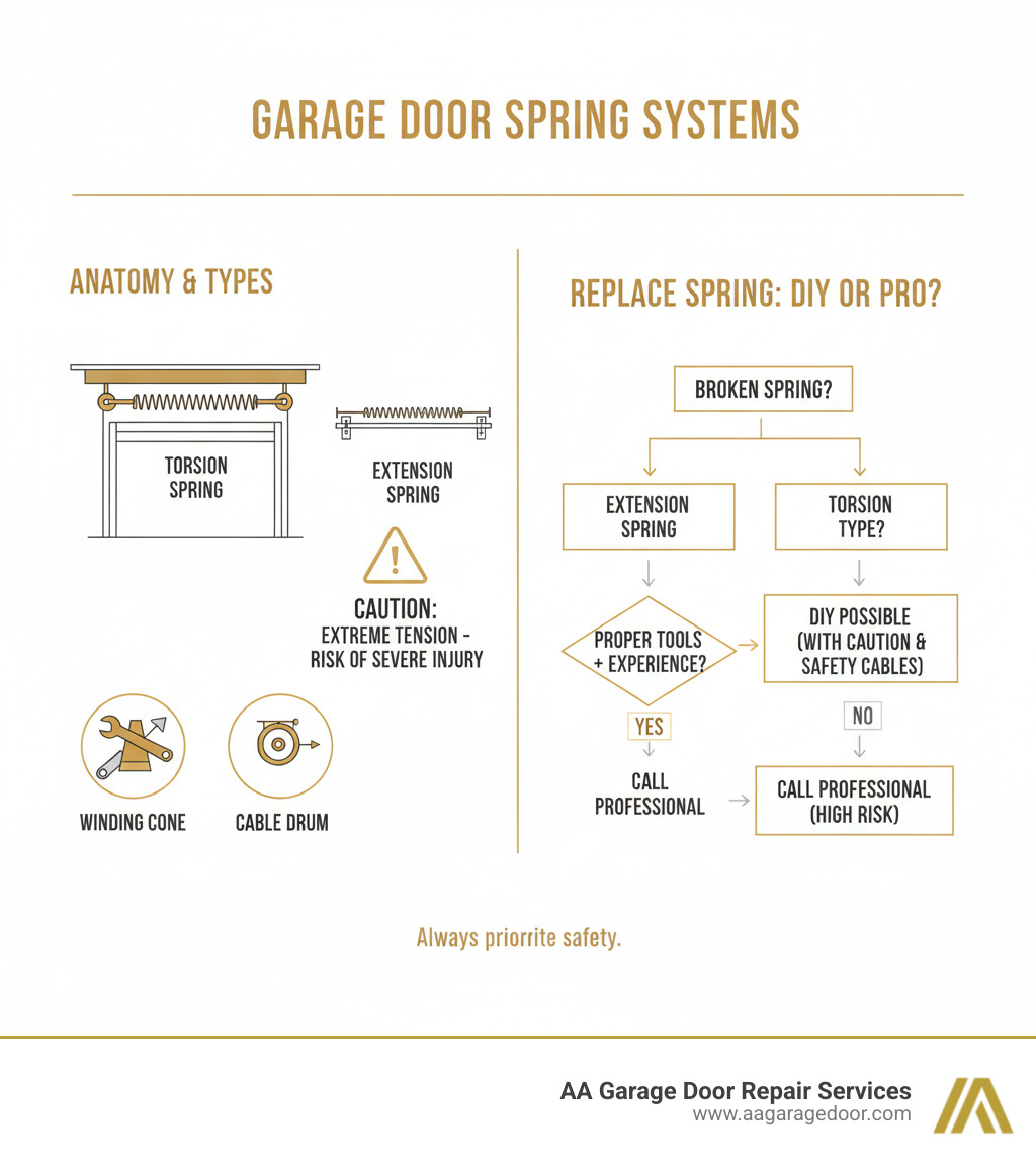 Infographic showing the anatomy of a garage door spring system, including torsion spring placement above the door, extension spring placement along tracks, key components like winding cones and cable drums, and safety warnings about tension levels. Also includes a decision tree: if extension spring and you have proper tools = DIY possible; if torsion spring or no experience = call professional - replace garage spring infographic 
