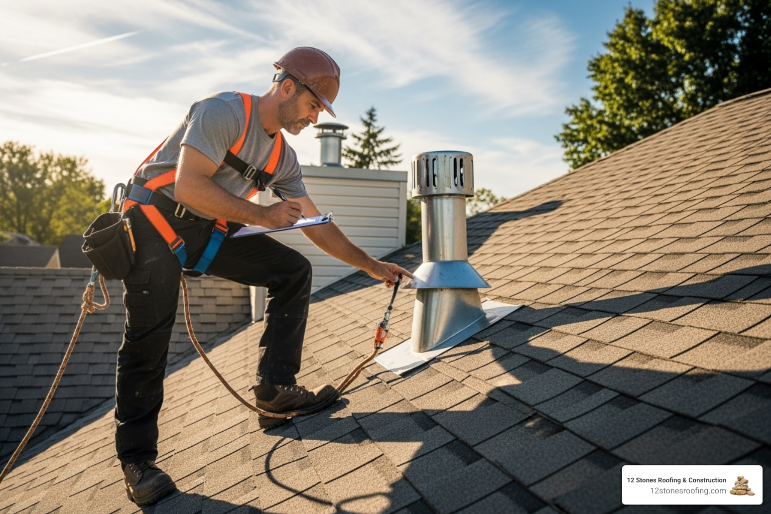 roofer performing a roof inspection with a checklist - Roof repair for leaks roofer performing a roof inspection with a checklist - Roof repair for leaks