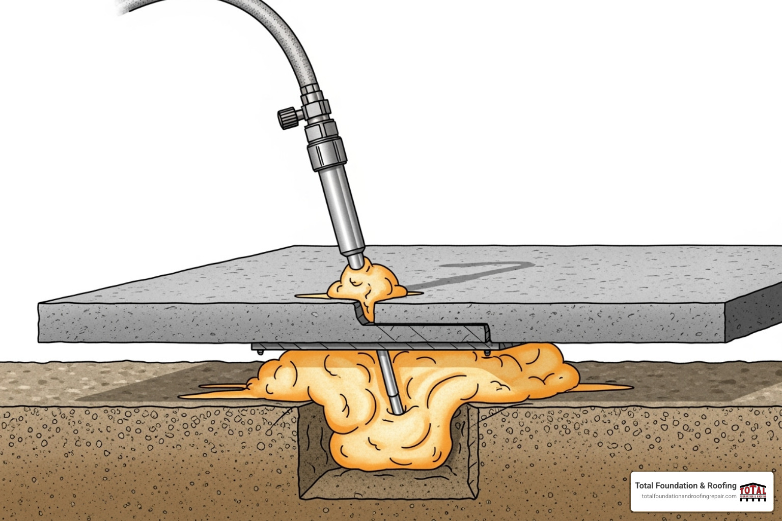 Illustration of the process of polyurethane foam injection under a concrete slab, showing foam expanding and lifting the slab. - concrete heaving repair
