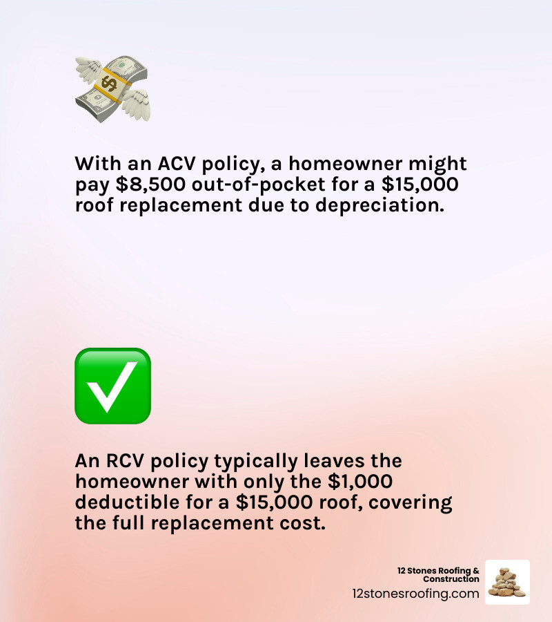table comparing ACV and RCV policies for a 10-year-old roof needing $15,000 replacement - Insurance claim roof repair infographic 2_facts_emoji_light-gradient