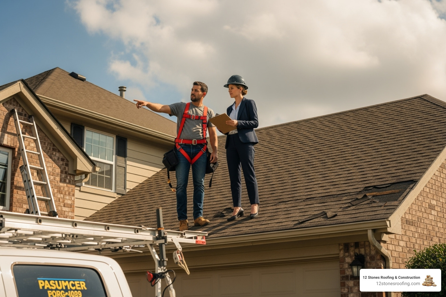 a roofing contractor and an insurance adjuster inspecting a roof together - Insurance claim roof repair