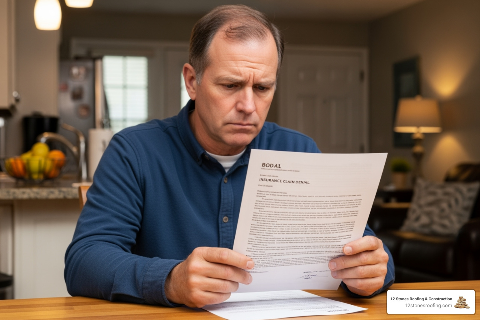 a homeowner looking concerned while reading a claim denial letter - Insurance claim roof repair