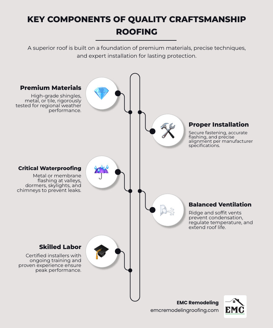 Infographic showing the key components of quality craftsmanship roofing: premium materials (high-grade shingles, metal, or tile), proper installation techniques (secure fastening, accurate flashing, precise alignment), critical waterproofing (flashing at valleys, dormers, skylights, chimneys), balanced ventilation (ridge and soffit vents), and skilled certified installers with ongoing training - quality craftsmanship roofing infographic infographic-line-5-steps-elegant_beige
