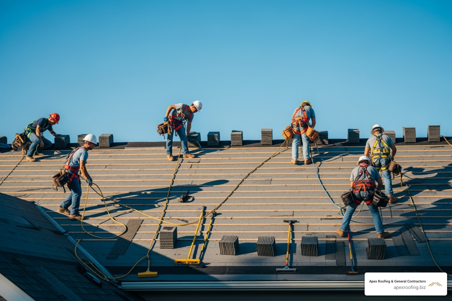 image of a roofing team safely working on a roof installation - residential roofing contractor near me