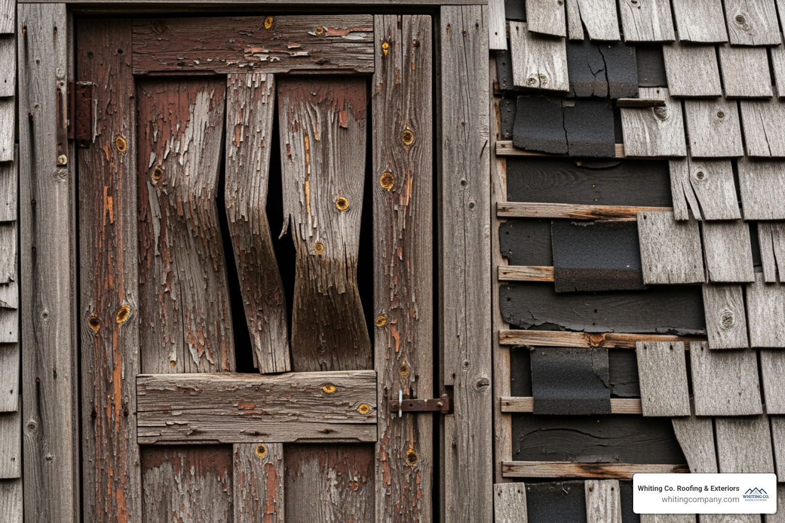 warped door with visible gaps and a roof with missing shingles - door replacement Columbia warped door with visible gaps and a roof with missing shingles - door replacement Columbia