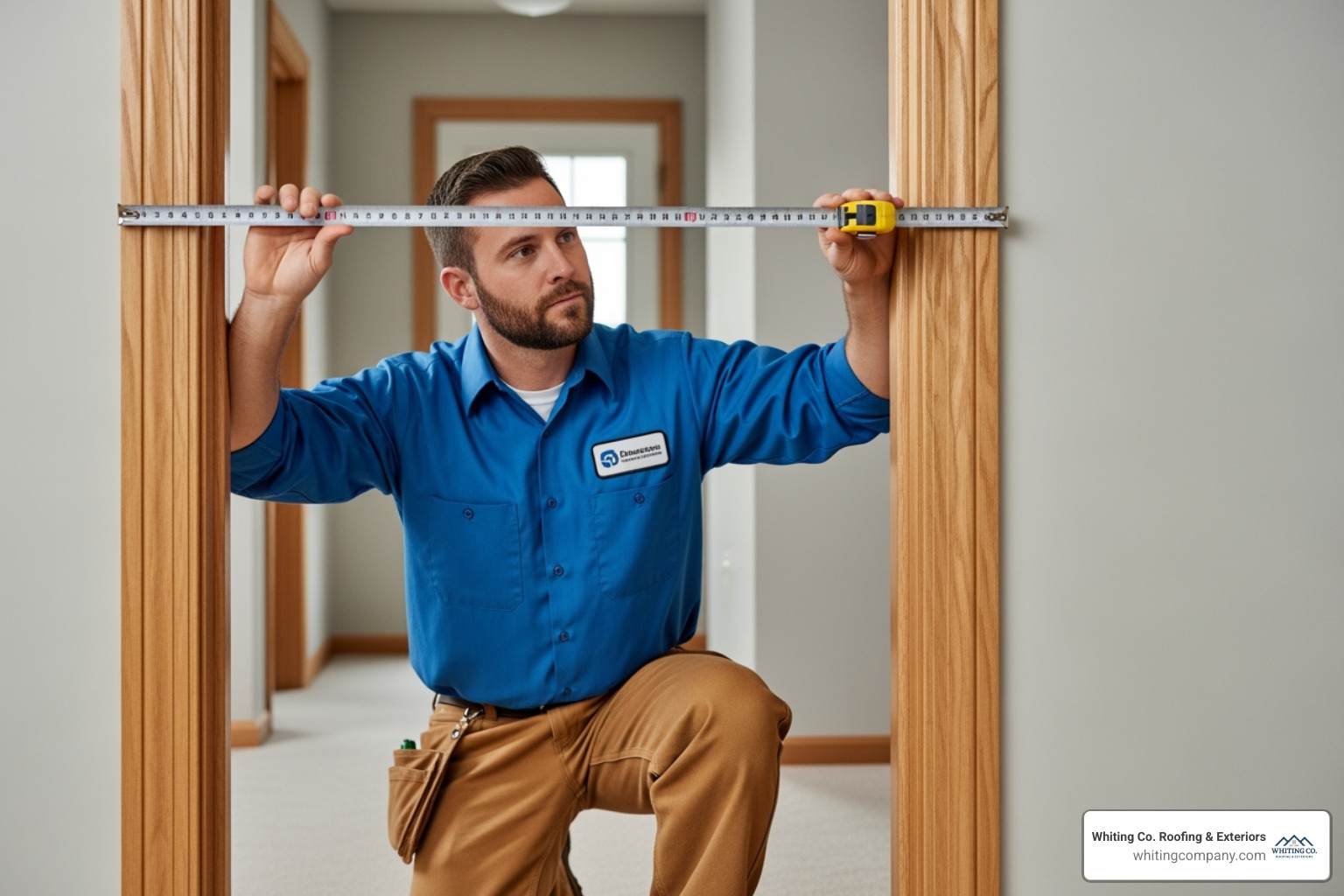 professional installer measuring a door frame - door replacement Columbia professional installer measuring a door frame - door replacement Columbia