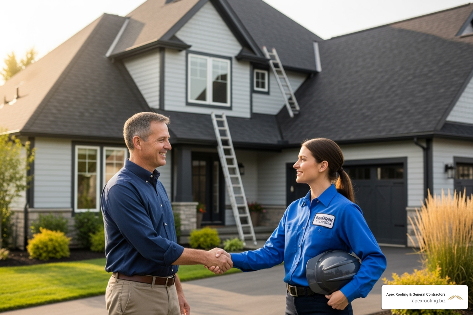 image of a homeowner shaking hands with a uniformed roofing contractor - residential roofing contractor near me