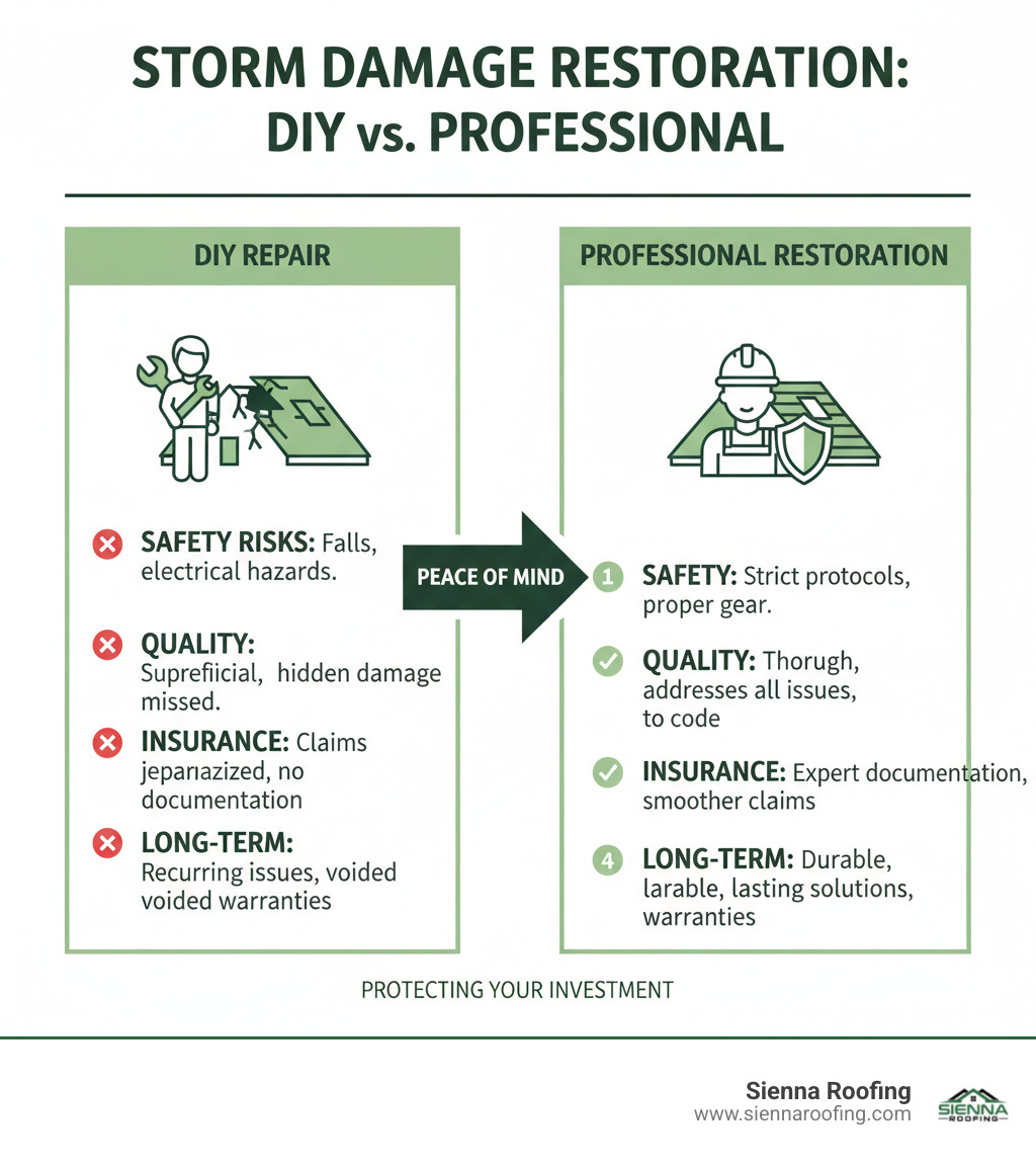 Infographic comparing DIY storm damage repair vs. Professional storm damage restoration, highlighting differences in safety, quality, insurance, and long-term effectiveness - storm damage experts infographic Infographic comparing DIY storm damage repair vs. Professional storm damage restoration, highlighting differences in safety, quality, insurance, and long-term effectiveness - storm damage experts infographic