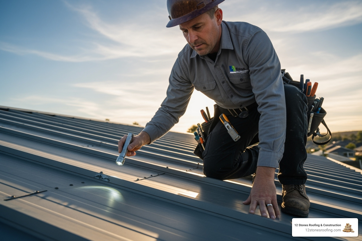 certified roofing professional inspecting a metal roof panel for damage - metal roof repair cost certified roofing professional inspecting a metal roof panel for damage - metal roof repair cost