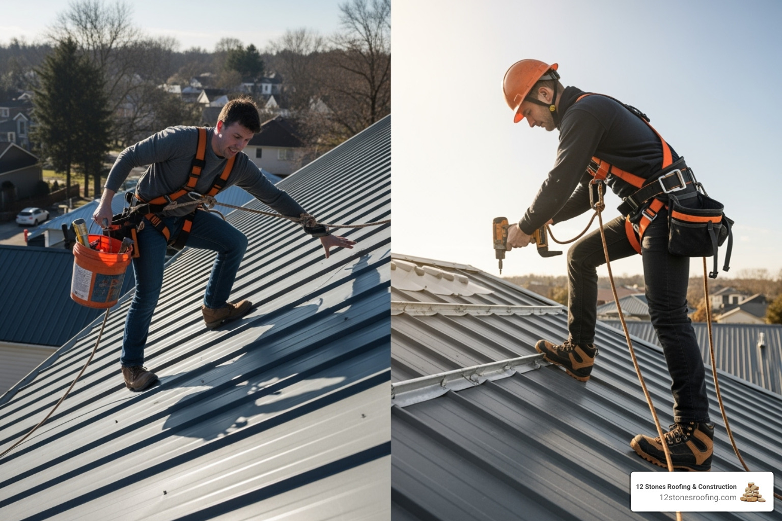 split view: one side a homeowner struggling on a roof, the other a professional roofer with proper safety gear working efficiently - metal roof repair cost split view: one side a homeowner struggling on a roof, the other a professional roofer with proper safety gear working efficiently - metal roof repair cost