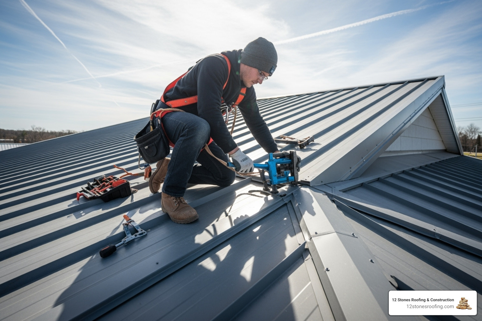 Professional roofer repairing a metal roof seam - metal roof repair Pasadena Professional roofer repairing a metal roof seam - metal roof repair Pasadena
