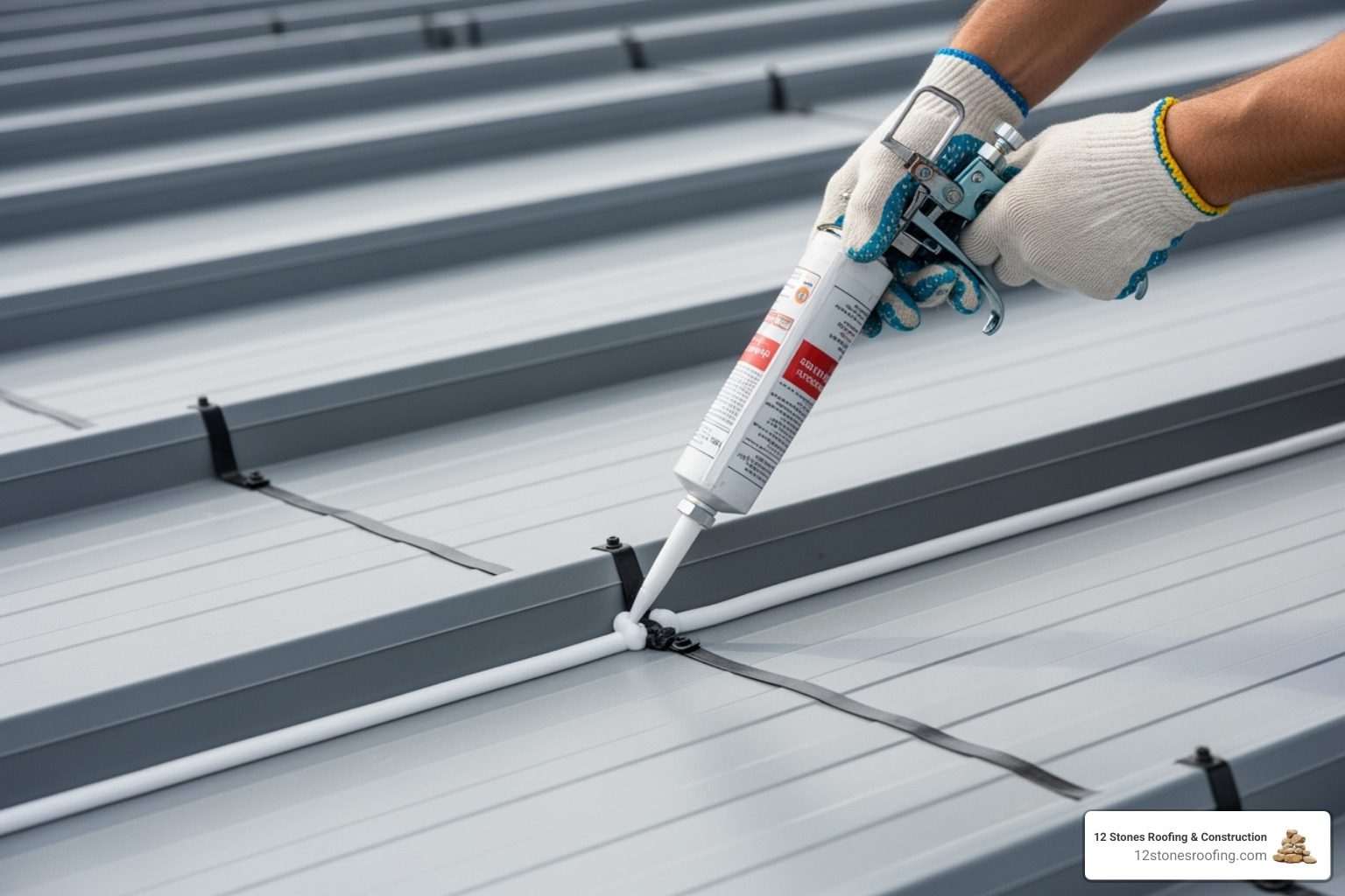 a certified roofing technician applying sealant to a metal roof seam - commercial metal roof repair