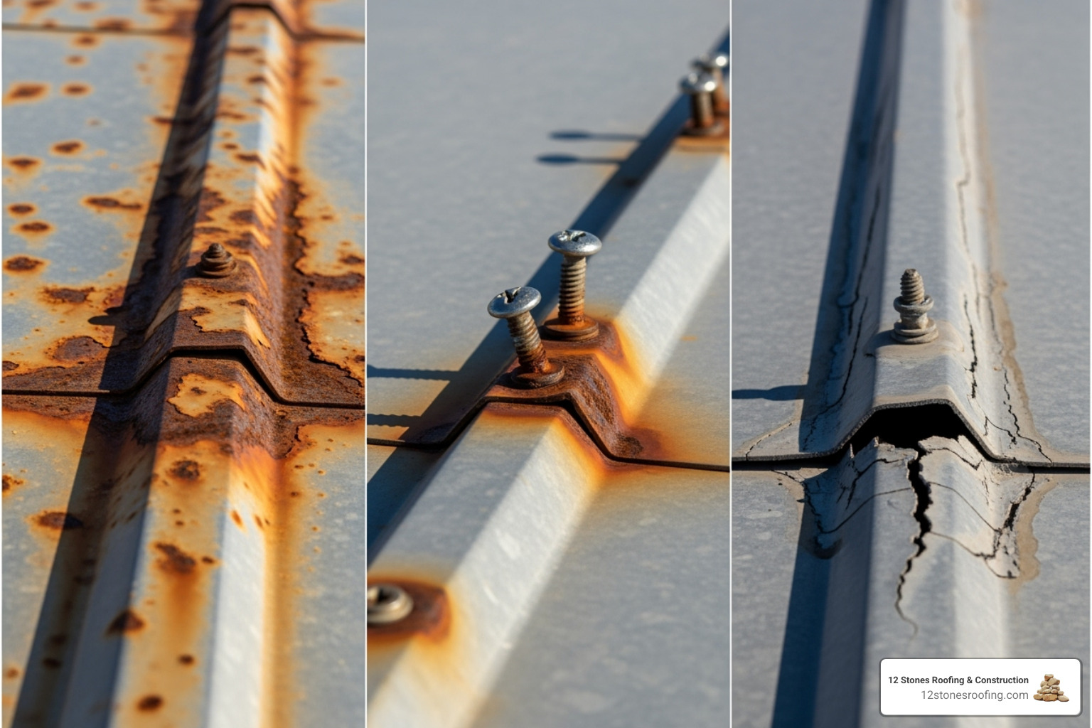 close-ups of rust, loose fasteners, and separated seams on metal roofs - commercial metal roof repair