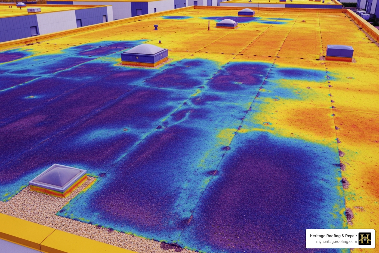 thermal image of a roof with cool spots indicating moisture - roof leak detection