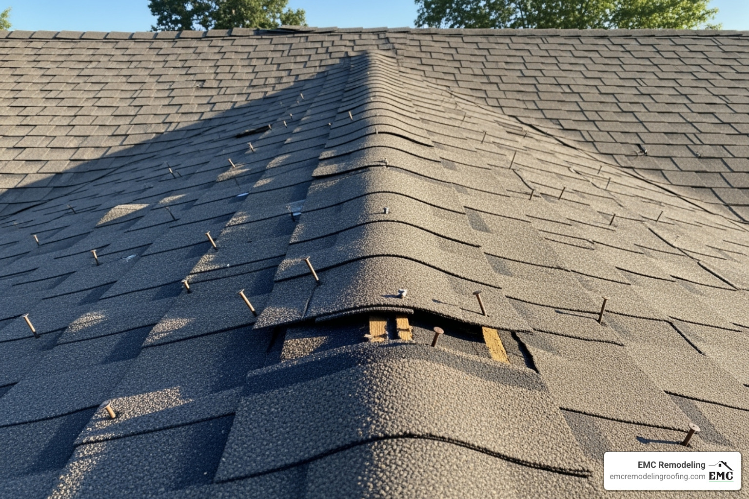 Poorly installed shingles with uneven lines and exposed nails - quality craftsmanship roofing