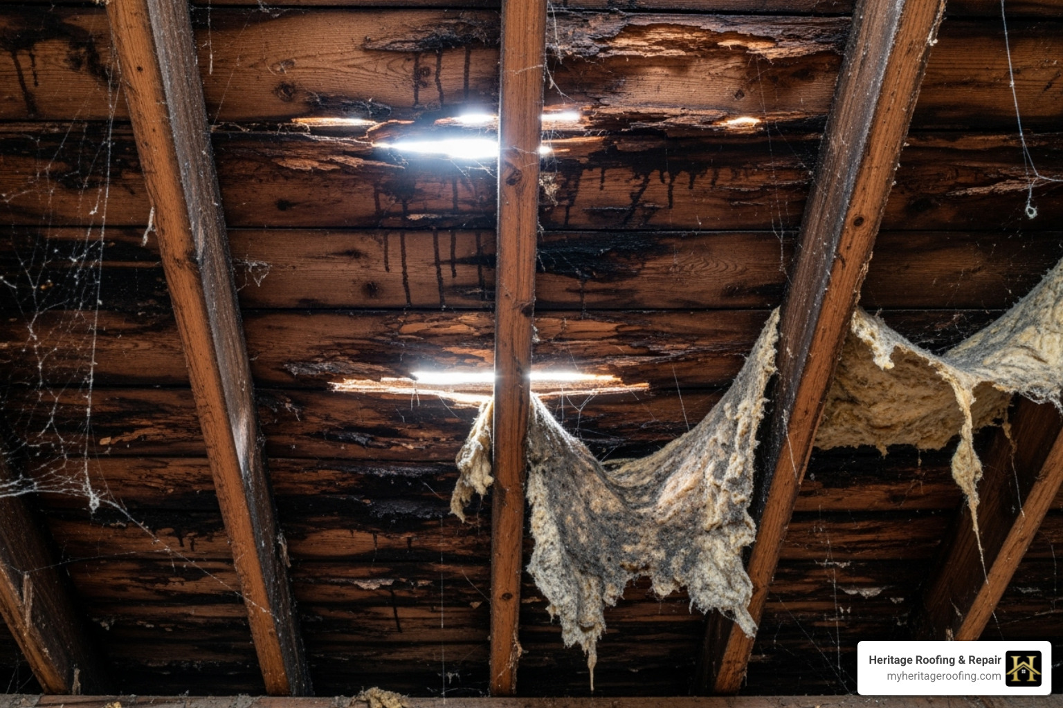 rotted roof decking visible from an attic - roof leak detection