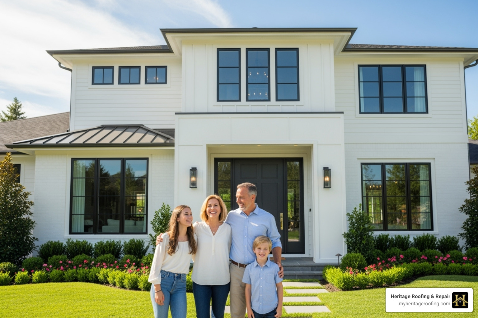 A family standing outside their home with a well-maintained roof - roof leak detection