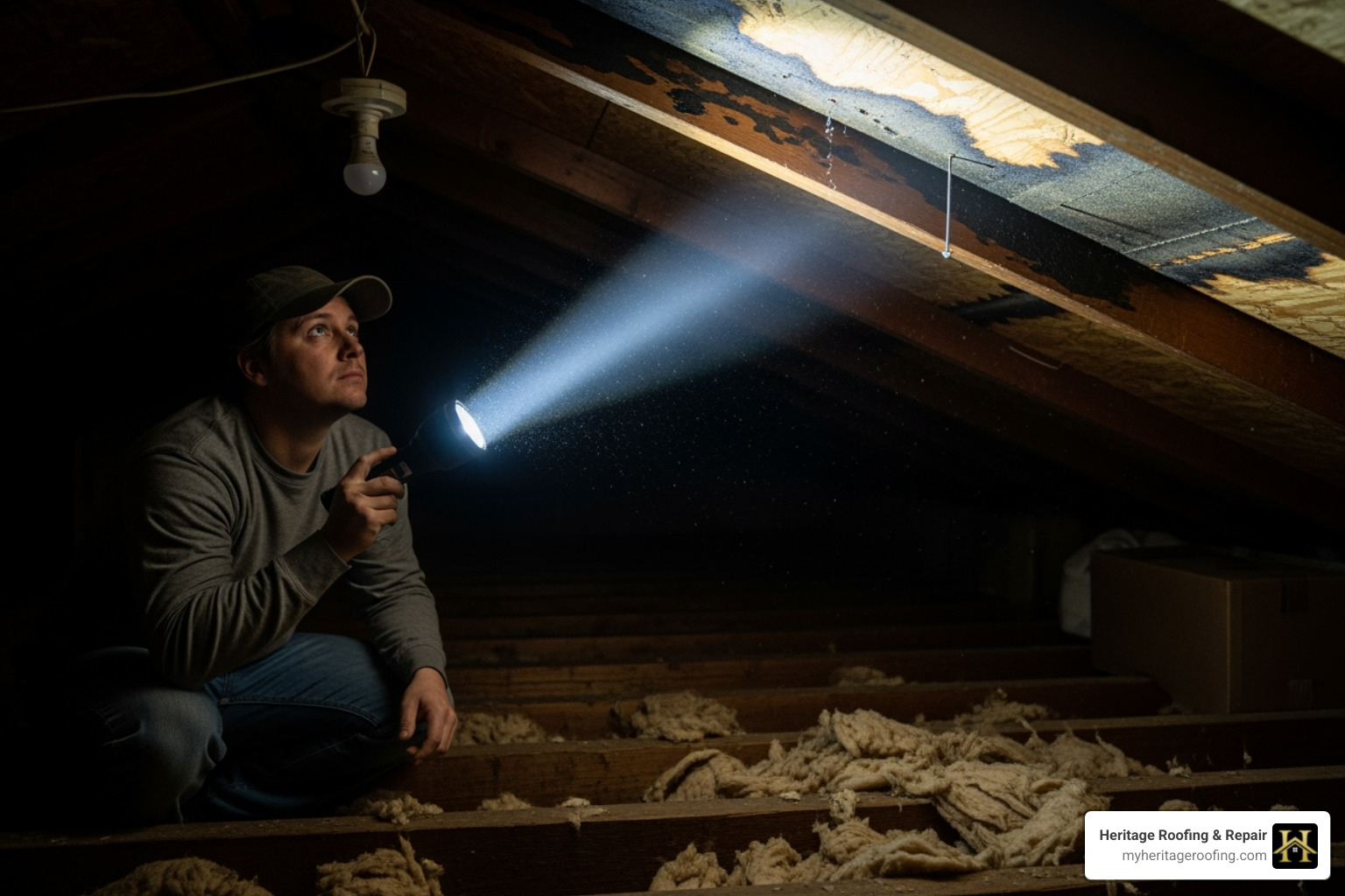 homeowner inspecting their attic with a flashlight - roof leak detection