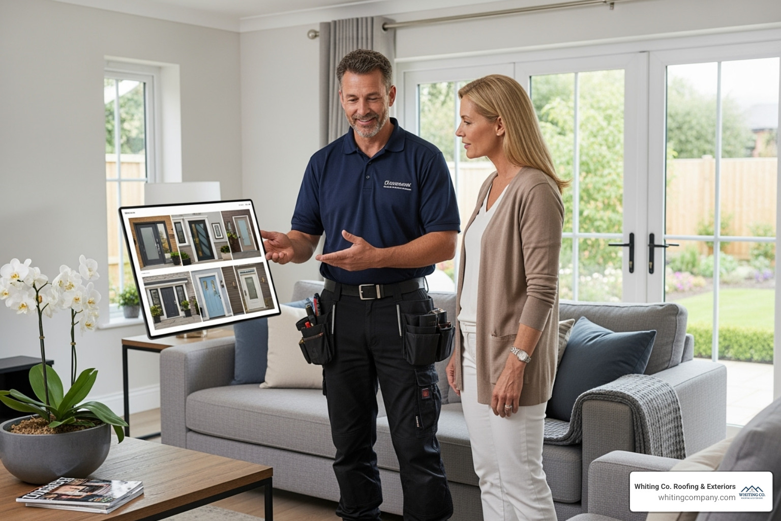 contractor showing a homeowner a portfolio - door replacement Columbia contractor showing a homeowner a portfolio - door replacement Columbia