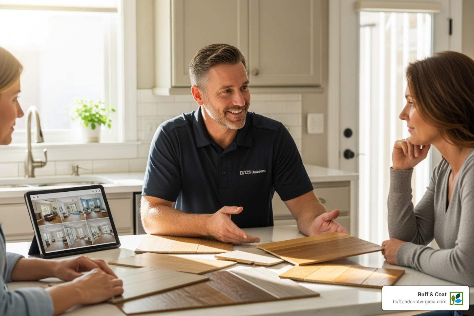 Friendly contractor discussing flooring options with a homeowner - hardwood floor installation richmond Friendly contractor discussing flooring options with a homeowner - hardwood floor installation richmond