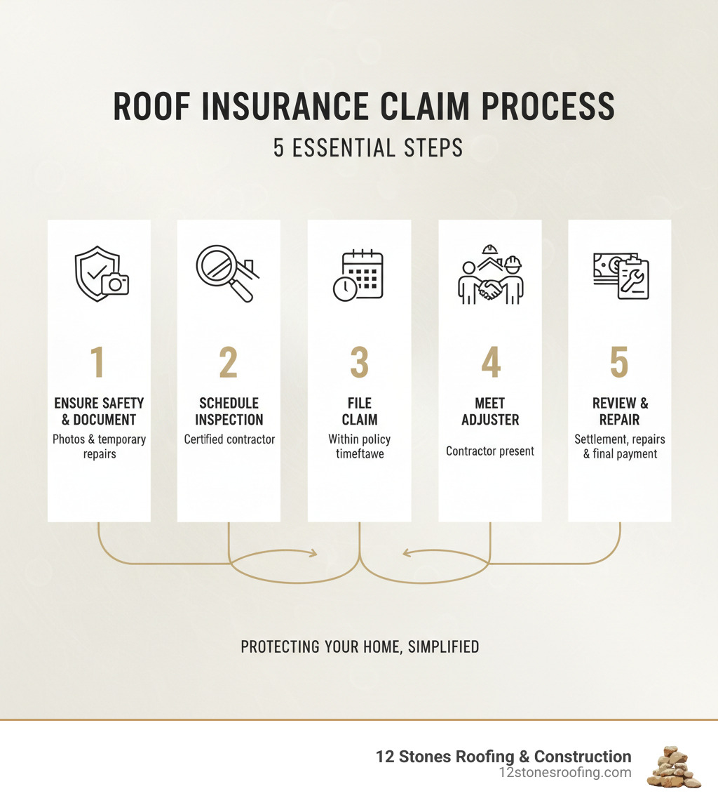 infographic showing the 5 step roof insurance claim process: step 1 ensure safety and document damage with photos, step 2 schedule professional roof inspection from certified contractor, step 3 file claim with insurance company within policy timeframe, step 4 meet with insurance adjuster with your contractor present, step 5 review settlement offer complete repairs and submit final paperwork for payment - Insurance claim roof repair infographic 