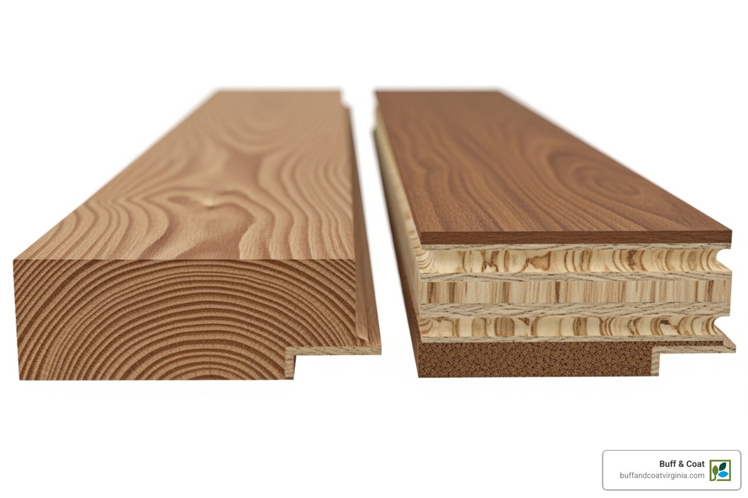 Cross-section of solid hardwood plank next to an engineered hardwood plank - hardwood floor installation richmond Cross-section of solid hardwood plank next to an engineered hardwood plank - hardwood floor installation richmond
