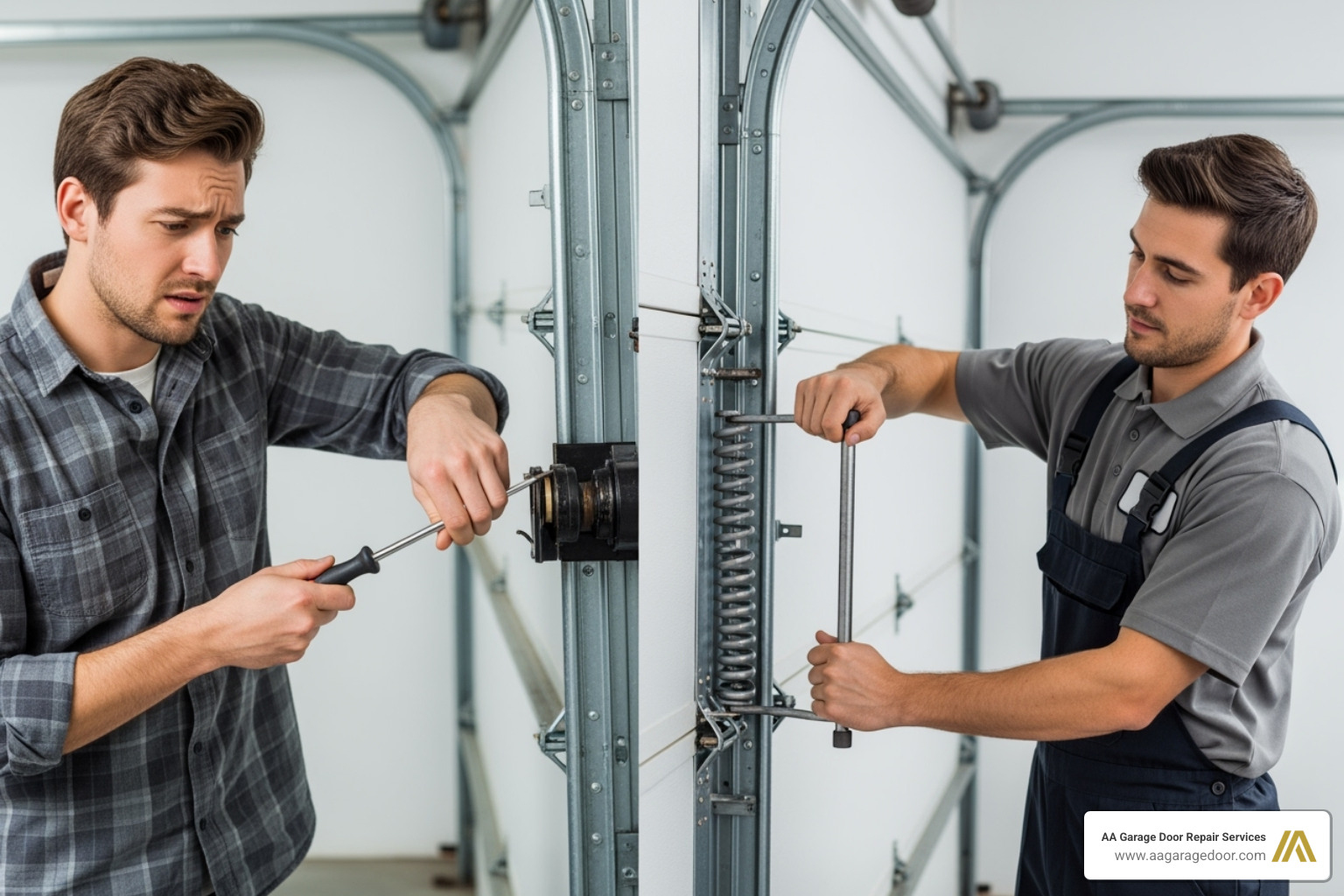 Side-by-side comparison of a homeowner attempting DIY garage door spring repair and a professional technician safely performing the same task - replace garage spring