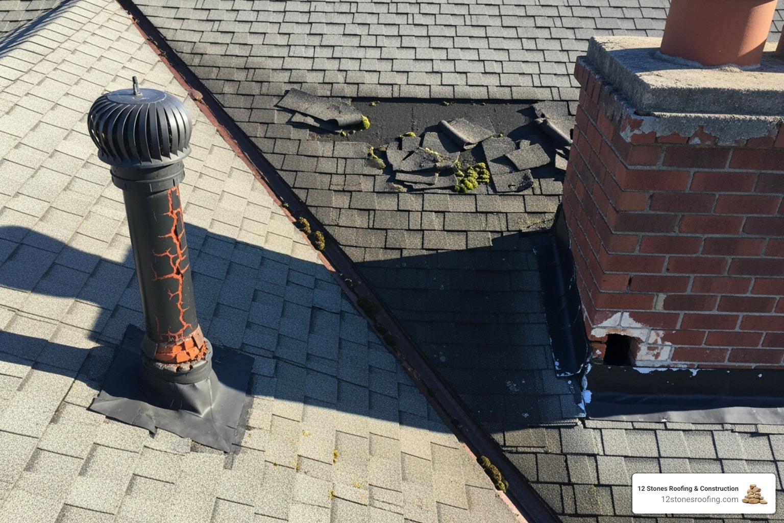 common roof leak hotspots like vents, chimneys, and valleys highlighted on a roof - Roof repair for leaks common roof leak hotspots like vents, chimneys, and valleys highlighted on a roof - Roof repair for leaks