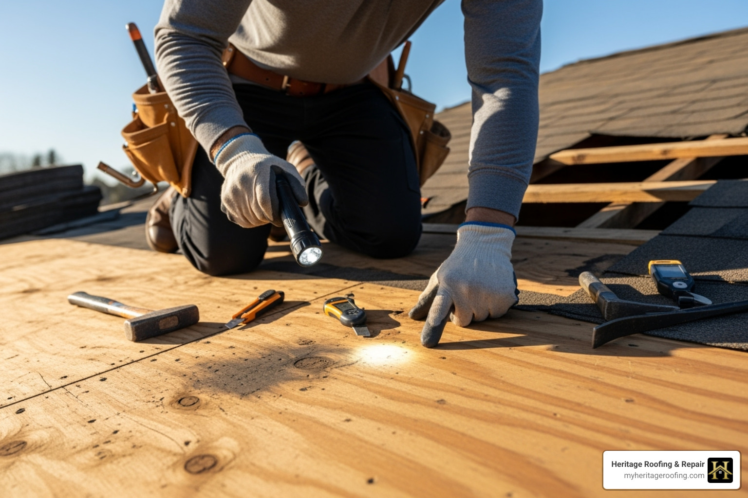 roofer inspecting plywood roof decking for rot or damage - how to replace flat roof on a residential home roofer inspecting plywood roof decking for rot or damage - how to replace flat roof on a residential home