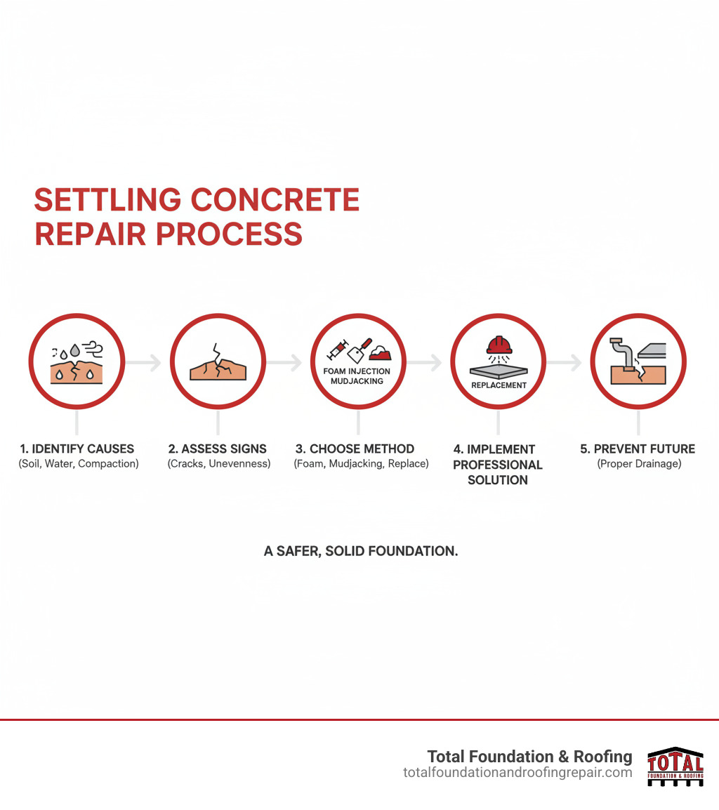 Infographic showing the settling concrete repair process: 1) Identify settlement causes (soil erosion, poor compaction, water infiltration), 2) Assess visible signs (cracks, uneven surfaces, gaps), 3) Choose repair method (foam injection for quick lifting, mudjacking for budget repairs, replacement for severe damage), 4) Implement professional solution, 5) Prevent future issues with proper drainage - settling concrete repair infographic 