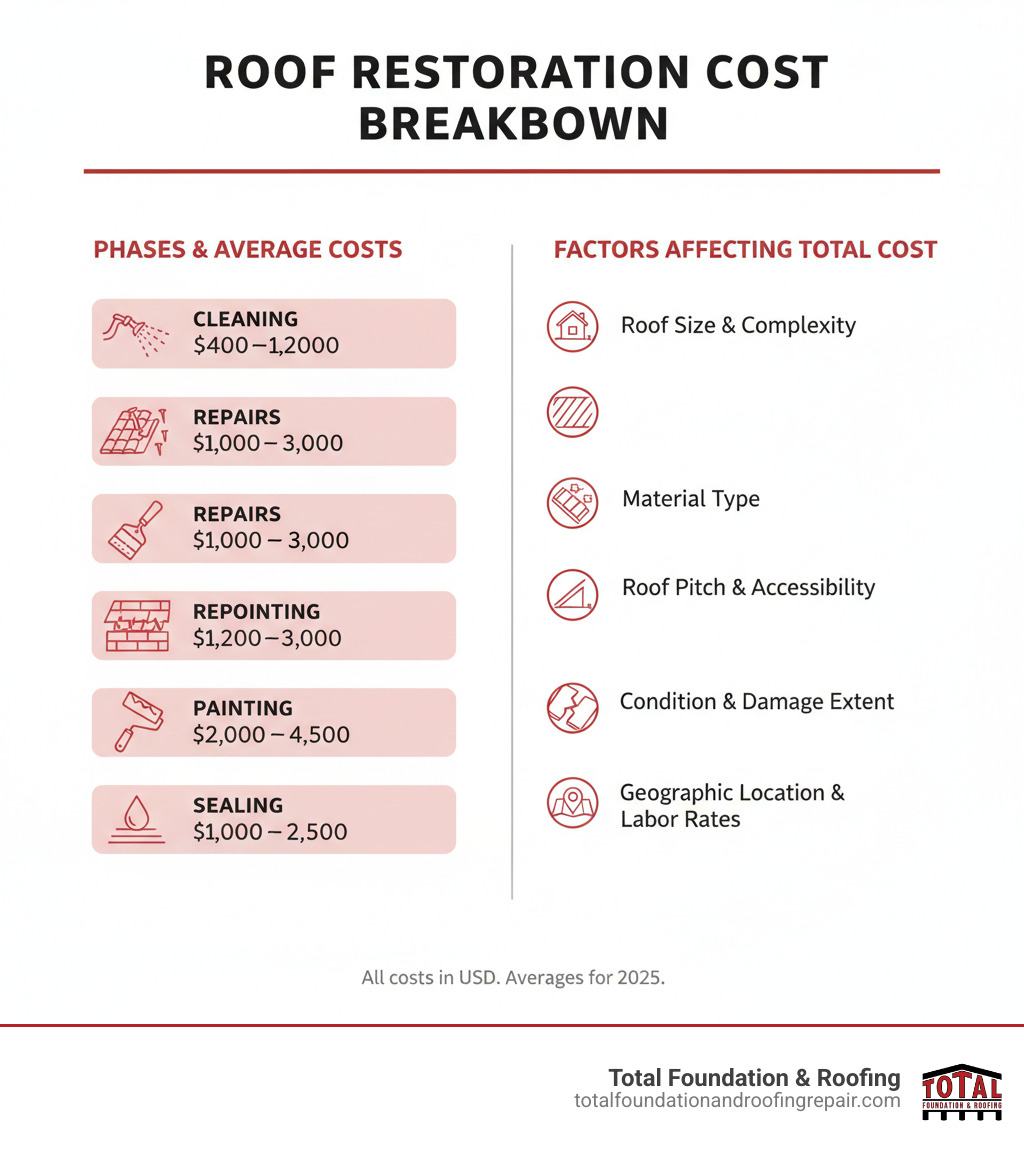 Infographic showing roof restoration cost breakdown: cleaning ($400-$1,200), repairs ($1,000-$3,000), repointing ($1,200-$3,000), painting ($2,000-$4,500), sealing ($1,000-$2,500), with factors affecting total cost including roof size, material type, pitch, condition, and location - average cost of roof restoration infographic 
