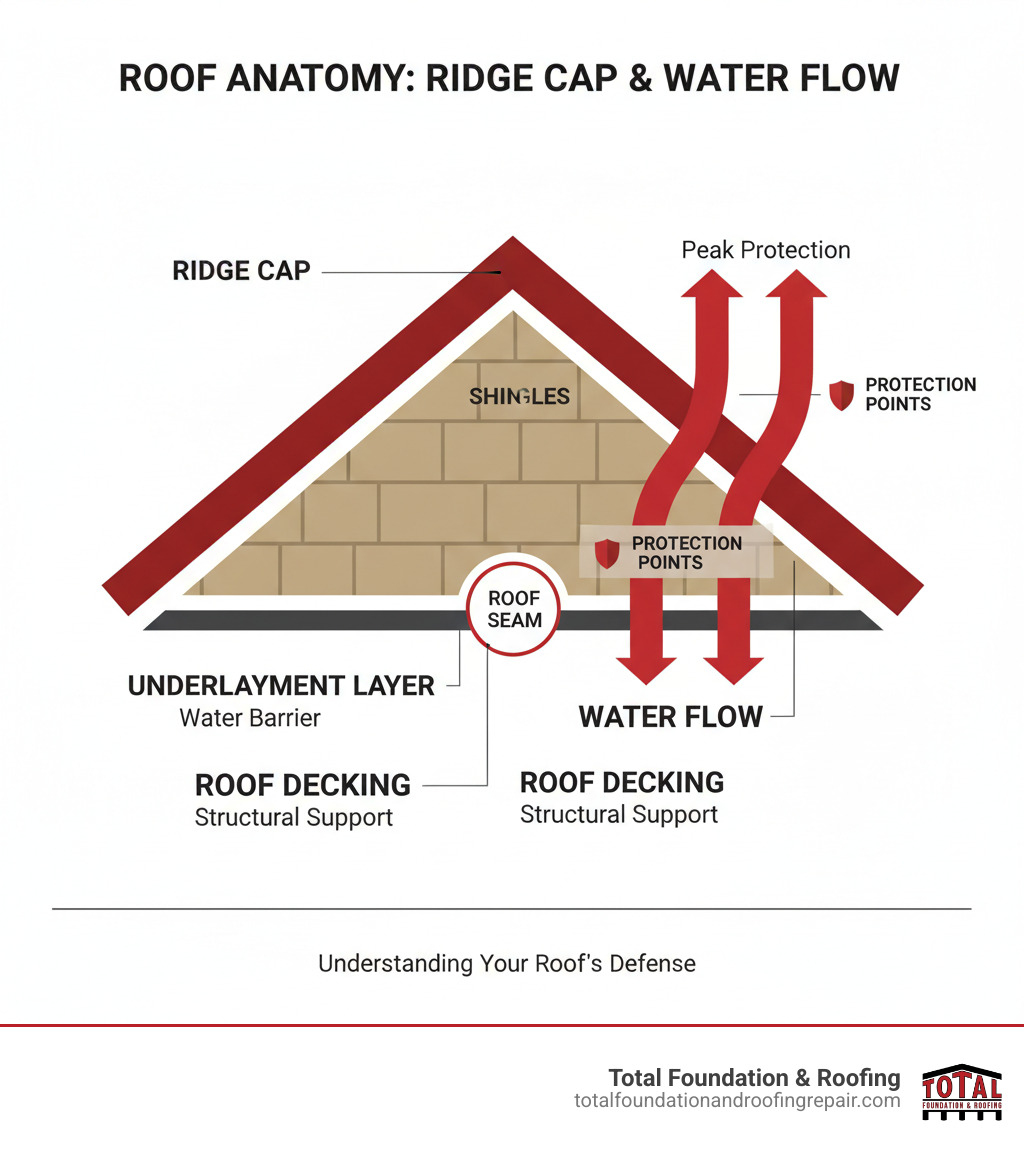 infographic showing roof anatomy with labeled sections including ridge cap at the peak, underlayment layer beneath shingles, roof decking, and the seam where two roof slopes meet, with arrows indicating water flow and protection points - roof ridge cap repair cost infographic 