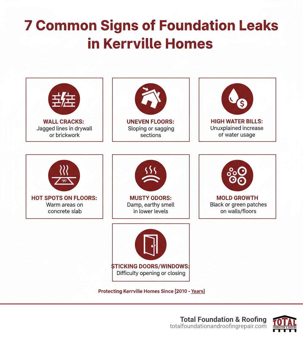 Infographic showing the 7 most common signs of foundation leaks in Kerrville homes including wall cracks, uneven floors, high water bills, hot spots on floors, musty odors, mold growth, and sticking doors and windows, with icons and brief descriptions for each warning sign - foundation leak repair kerrville infographic 