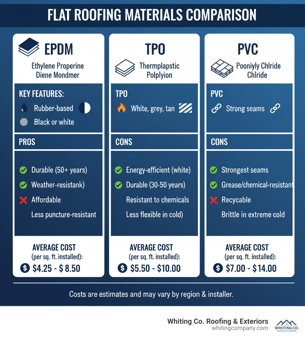 infographic comparing key features, pros, cons, and average costs of EPDM, TPO, and PVC roofing materials - residential rubber roof installation infographic 