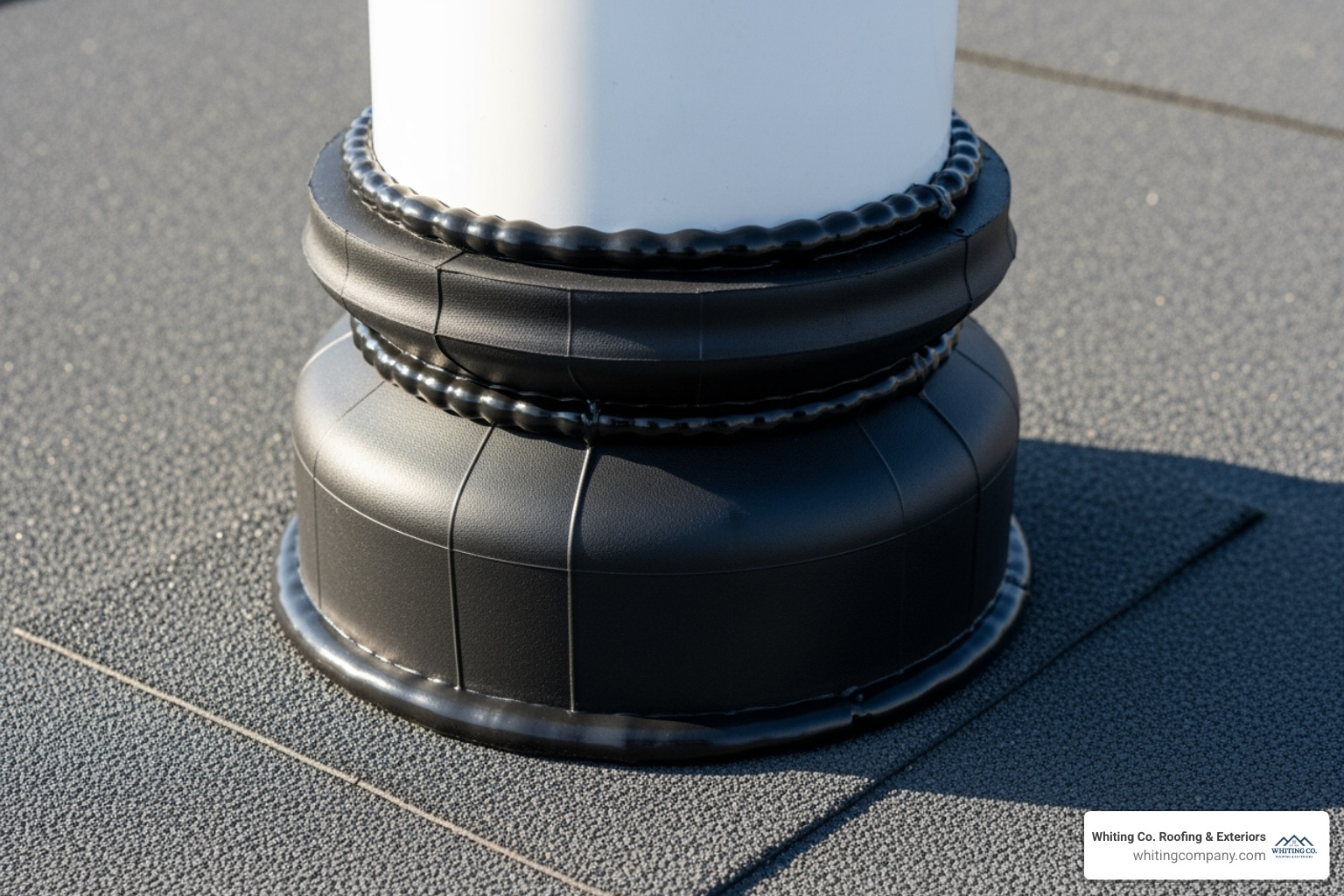 pipe boot correctly flashed and sealed on a rubber roof - residential rubber roof installation